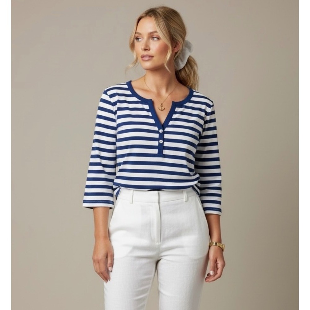 NEW Blue White Striped Size Large Henley Top Nautical Core 3/4‎ Sleeve